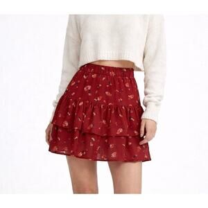 Free People “From The Valley” Floral Tiered Ruffle Mini Skirt burgundy Size M